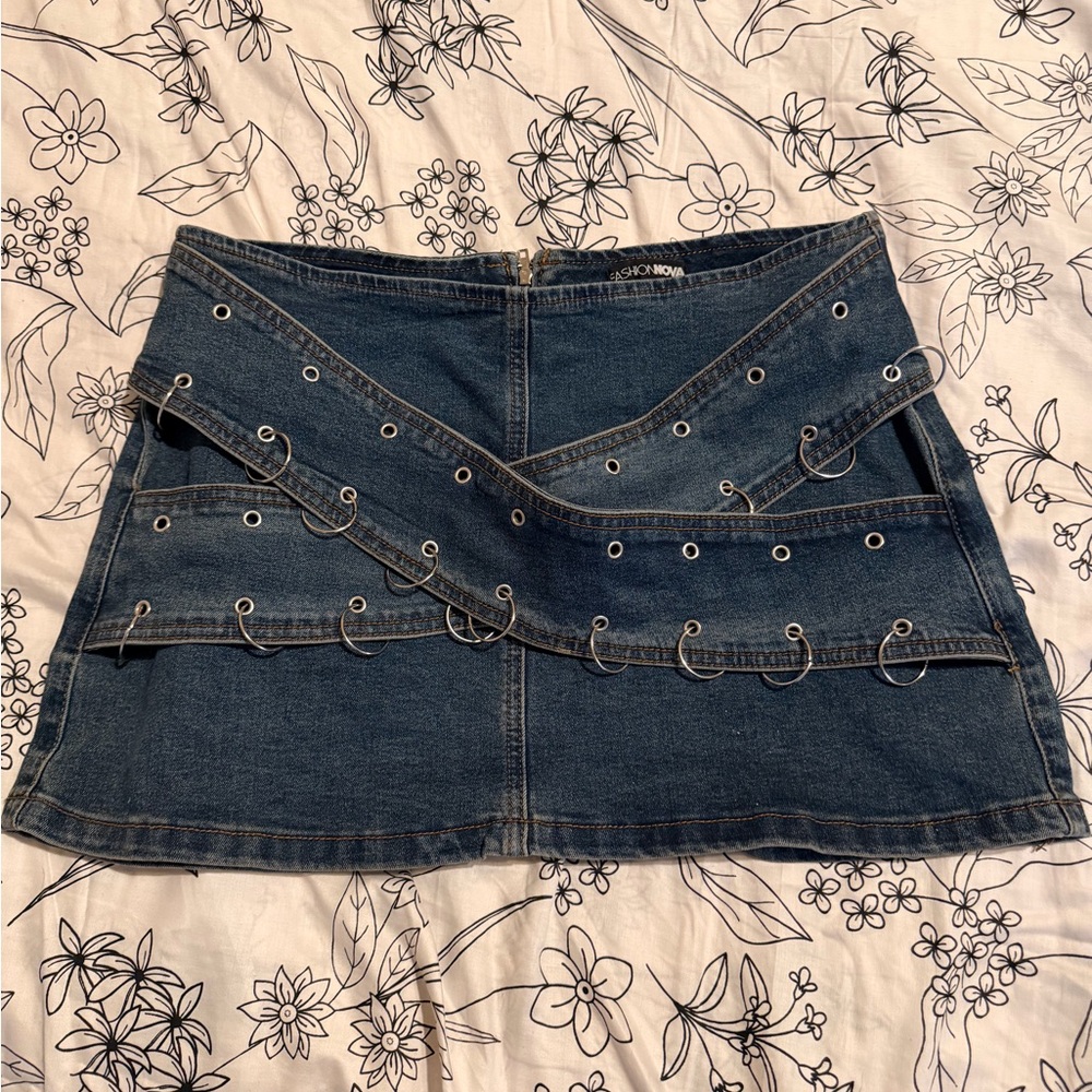 Fashion Nova Dark Blue Denim Mini Skirt with Silver Eyelets